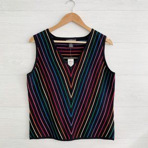 NWT World Republic - Black V-neck sleeveless rainbow chevron silk sweater, L